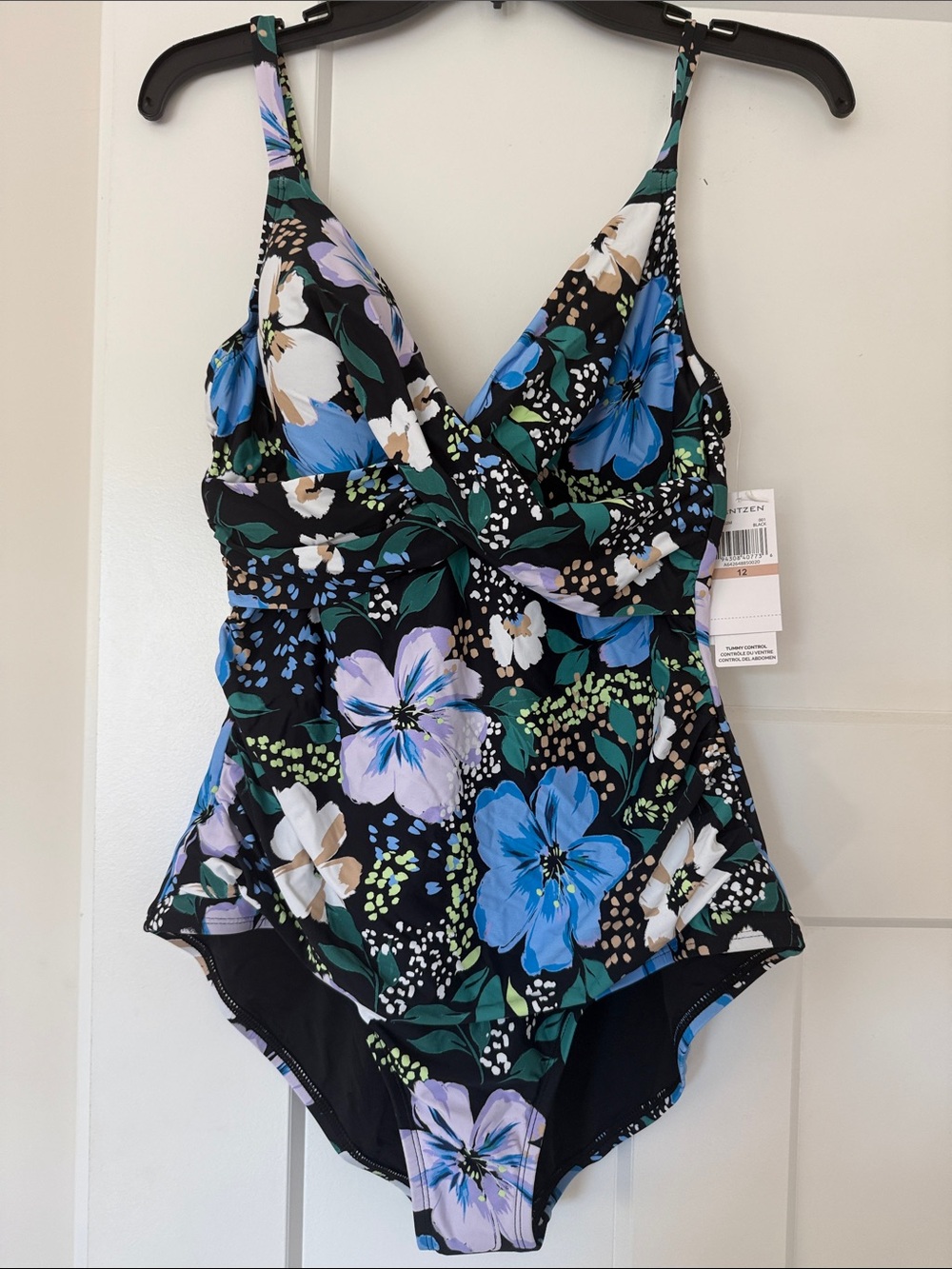Jantzen Black Floral One-Piece Swimsuit with Blue & White Flowers